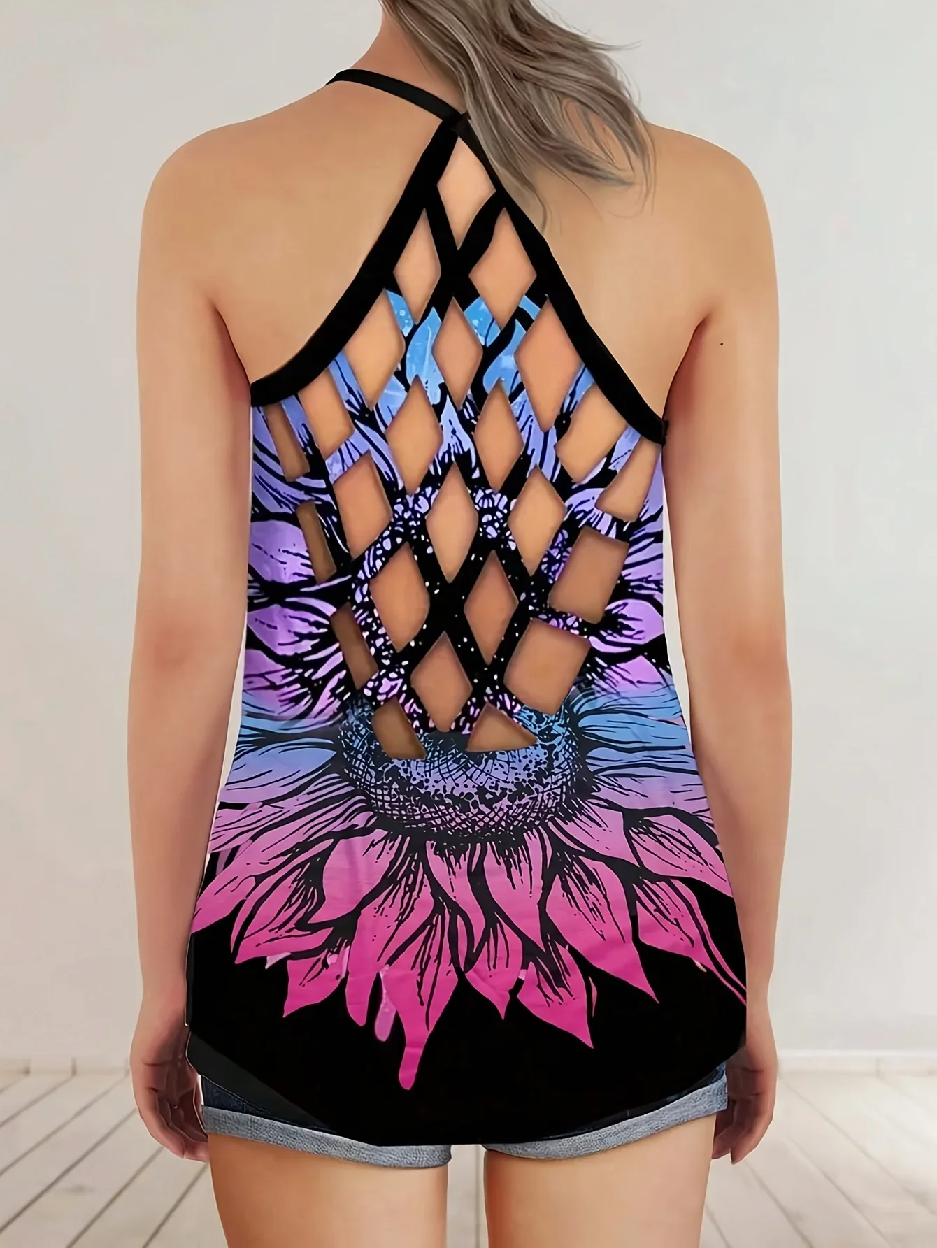 Plus Size  Women's Fashion Round Neck Tank Tops Ladies Flower Printed Letter Hollow Backless Cross Belt Tank Top