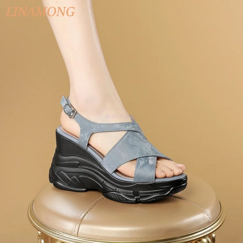 Women's Blue Cross Strap Chunky Wedge Sandals Open Toe Ankle Buckle Non-slip Thick Sole Casual Summer Outdoor Sporty Footwear