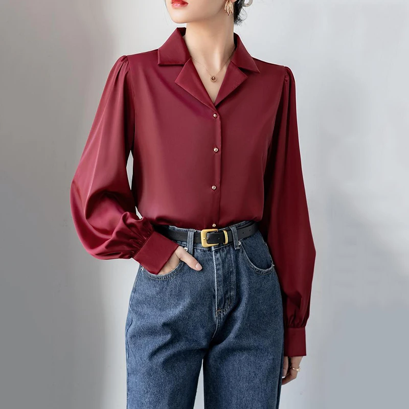 QOERLIN French Vintage Red Notched Collar Shirt Women Satin OL Elegant Lantern Sleeve Tops Blouse Long Sleeve Office Shirts S-XL