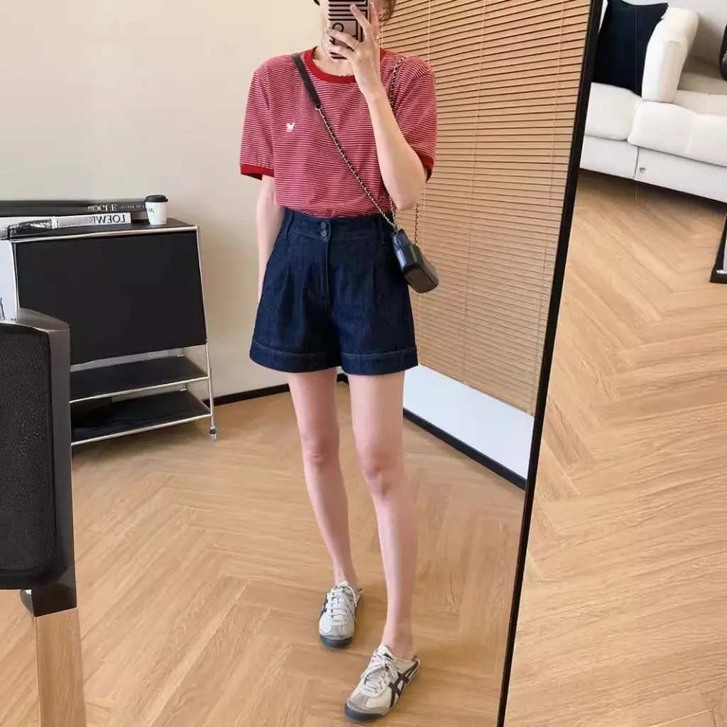 ZK Pantalones cortos vaqueros acampanados de cintura alta para mujer, pantalones de pierna ancha de Lycra elásticos de color original ecológicos, serie de cuatro caras