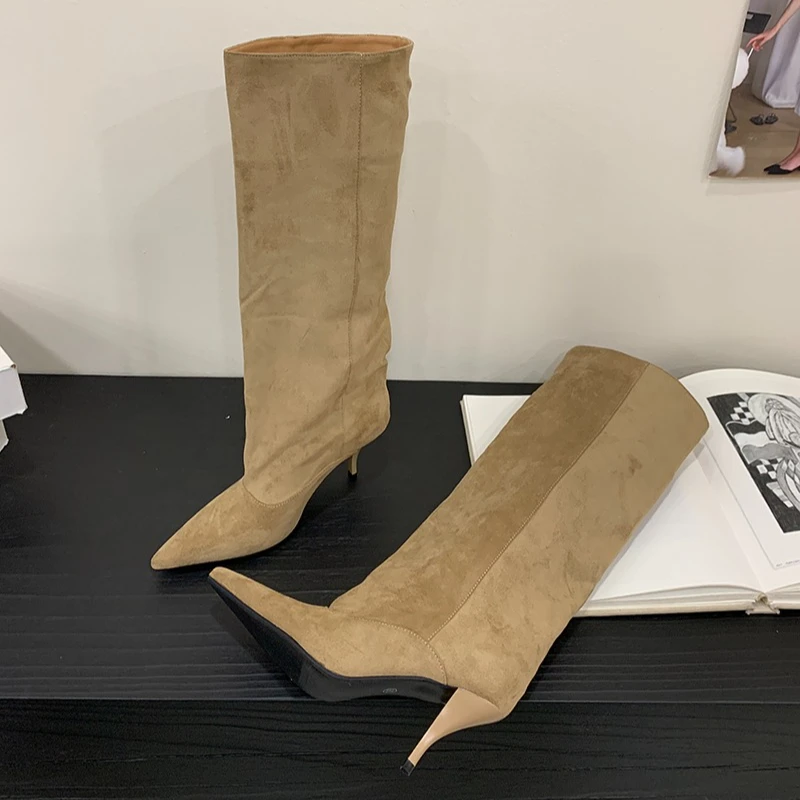 

Aneikeh Winter Street Style Vintage Pleated Pointed Toe Knee-High Boots Women Thin Heels Fashion Long Booties Zapatos De Mujer