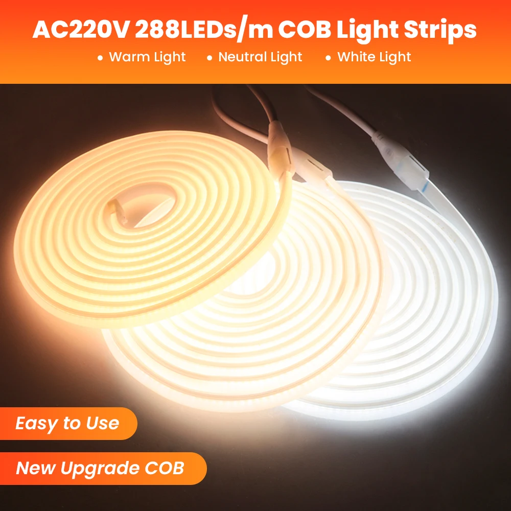 Tira de luces LED COB de alto brillo UE Reino Unido 220V EE. UU. 110V 288Leds/m tira de neón de silicona impermeable FOB cinta LED lámpara de cocina