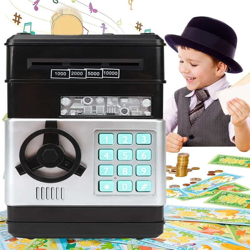 ABFN-1 Set Black Piggy Bank Cash Coin Can ATM Bank Coin Money Bank For Kids Gift Black
