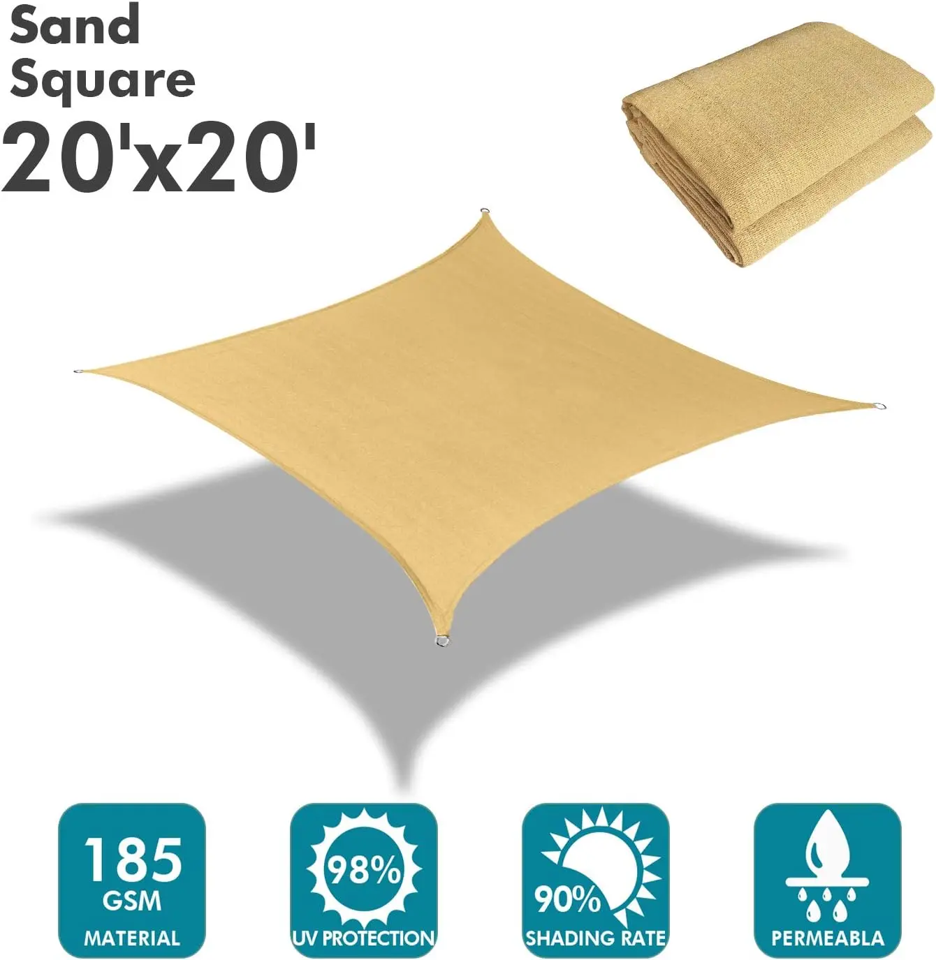 Sun Shade Sail 20'x20' Sand Rectangle UV Block Canopy Awning Shelter Fabric Cloth Screen for Outdoor Patio Garden Backyard