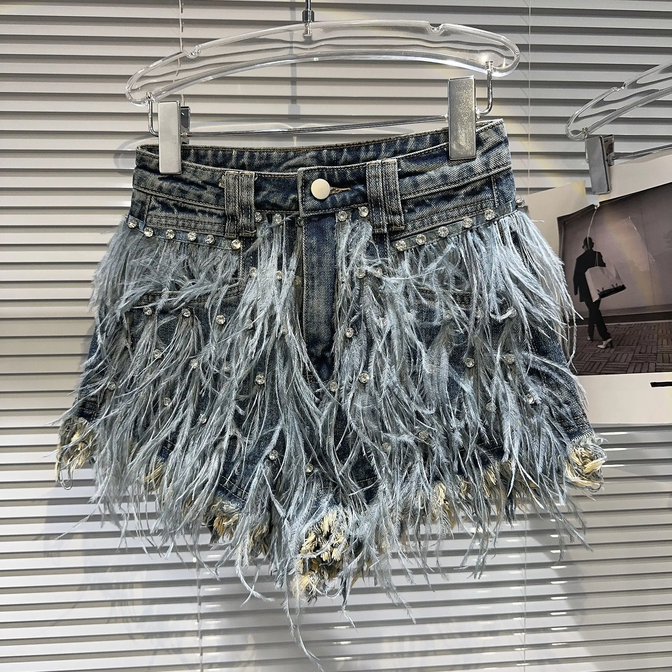 

Trendy Street Style Summer 2026 Short Jeans Deep Blue Natural Waist Straight Leg Sequin Embellished Feather Trim Shorts