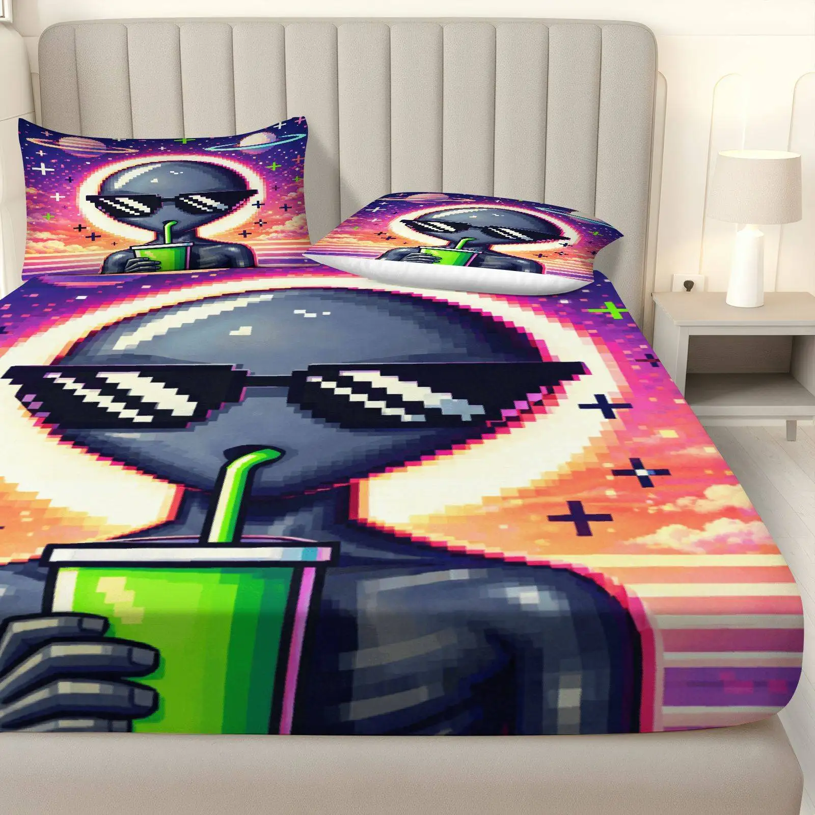 Digital Print Bed Sheet Set, Bedding (includes 1 bed sheet + 2 pillowcases), Alien Cool Retro Bed Sheet Set with Sci-Fi Theme, Unique Bedding, Elastic-Fitted Style, Protective Cover, Mattress Protector, Suitable for All Seasons, Machine Washable Design, Holiday Decoration, Various Sizes, Breathable Protective Cover with Pillowcases