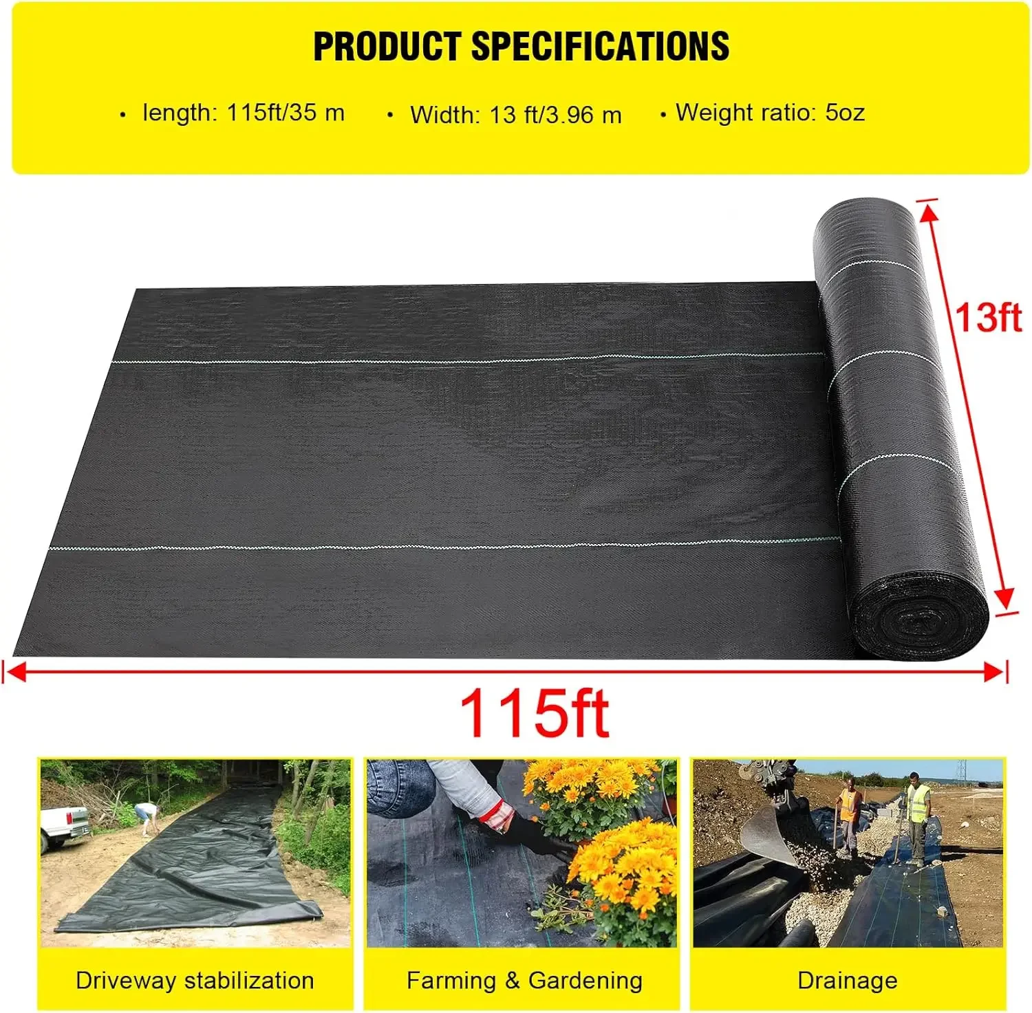 

Driveway Fabric,13x115 ft Road Fabric Commercial Weed Barrier Fabric, Landscape Fabric Heavy Duty 5OZ French Drain Fabric