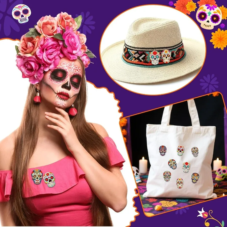 36 قطعة يوم الموتى الاكريليك بروش السكر الجمجمة تسمية دبابيس ضياء دي لوس Muertos زهرة الجمجمة عطلة بروش دبابيس للملابس با