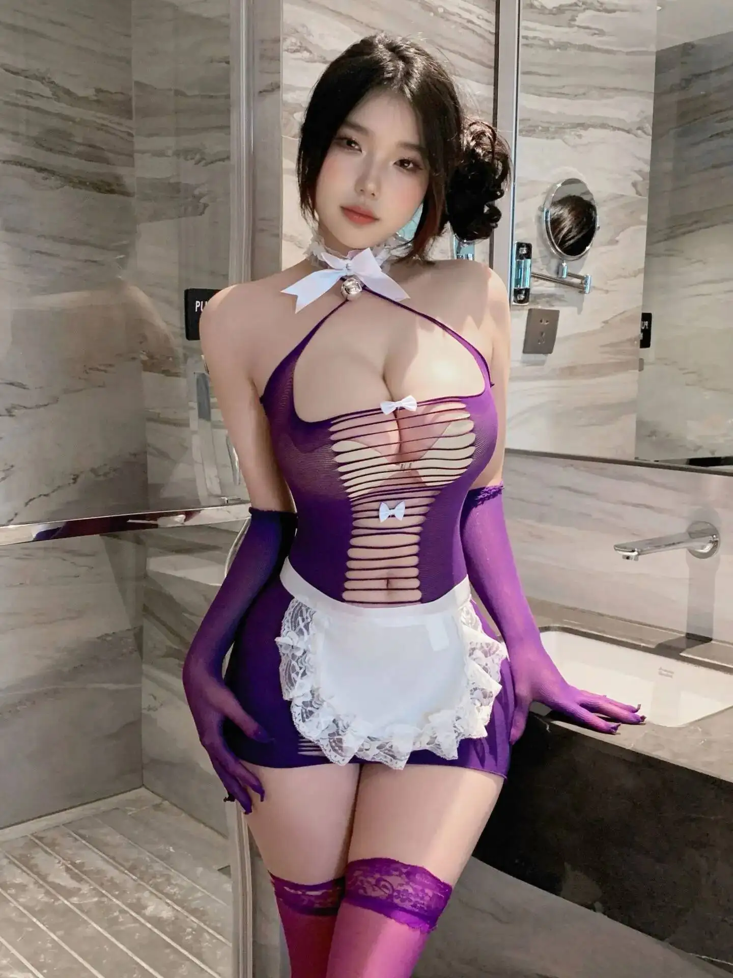 Sexy Tearable Delicate Butt-Exposing Maid Mesh Outfit Set See-Through Chest-Exposing Uniform Dress Elegant Tank Mini Dress 1GCX