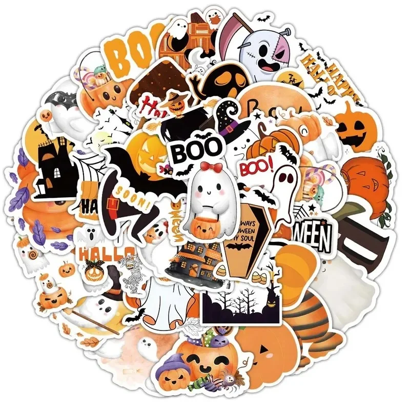 50pcs Halloween Sticker Pack Cartoon Horror Theme Stickers Pumpkin Ghost Witch For Kids Party Supplies