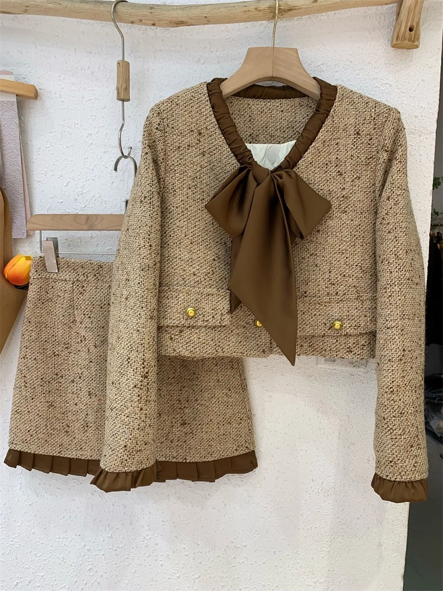 2024 Vintage Small Fragrance Tweed Two Piece Set Women Crop Top Woolen Short Jacket Coat + Mini Skirts Sets Sweet 2 Piece Suit