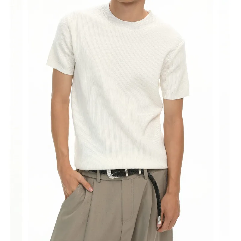 Men's Vertical Striped Old Money Wind Round Neck Pullover Knitted Short Casual Short Sleeves Versatile Solid Color