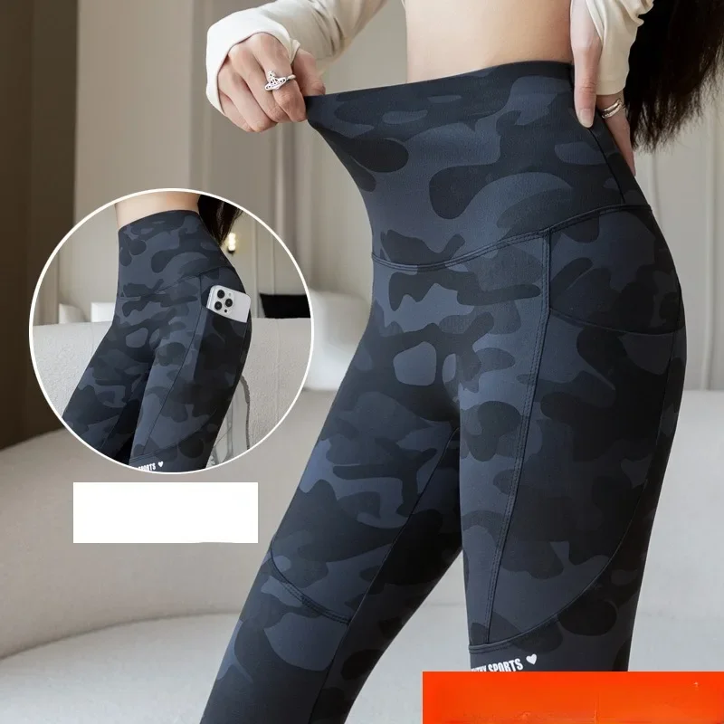 Mulheres camo tubarão calças de cintura alta bolso leggings tamanho grande elástico calças casuais moda magro yoga calças fitness