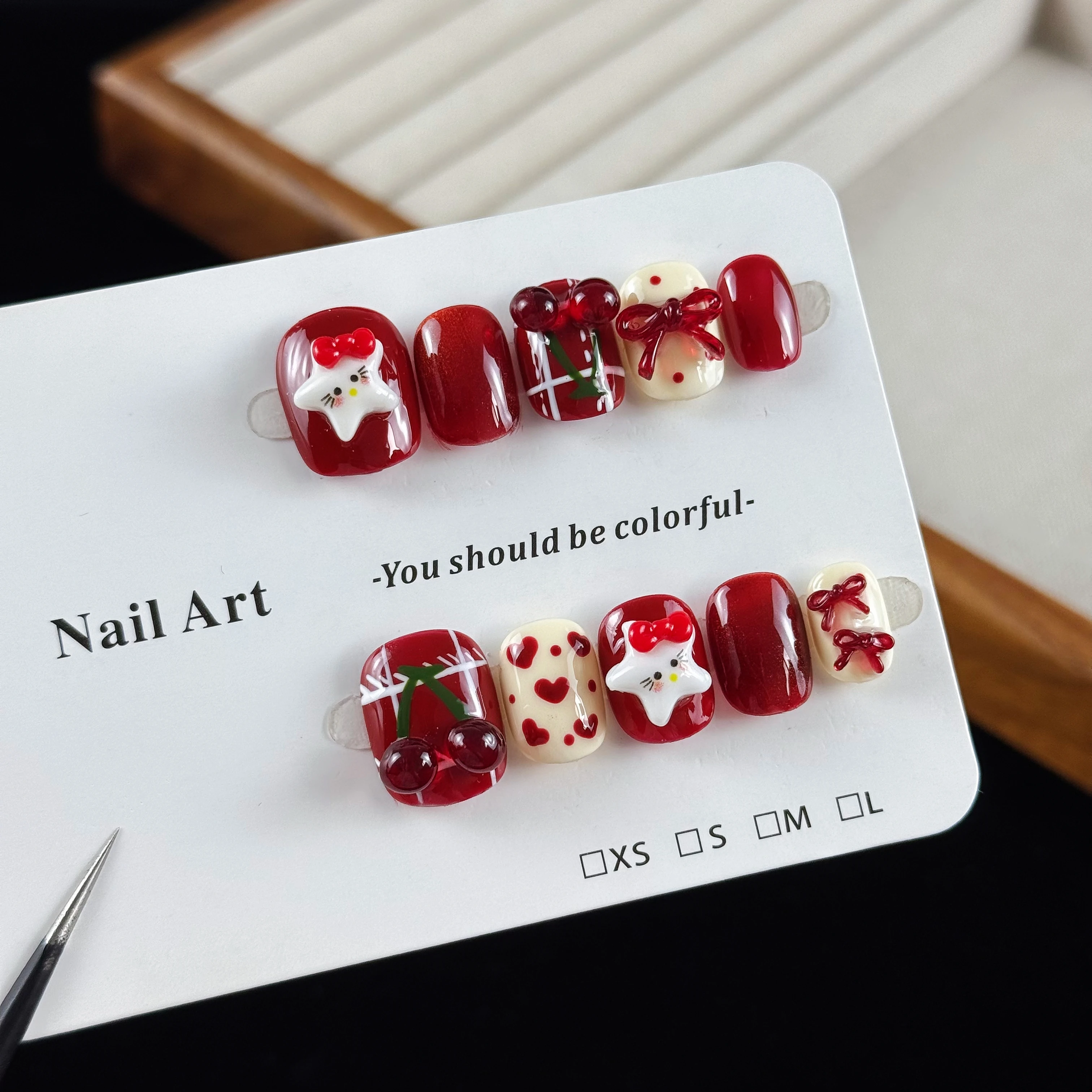 10pcs high-end Cute cartoon style, hand-drawn three-dimensional cherries, star, bows, and glittering cat eyes handmade fake nail