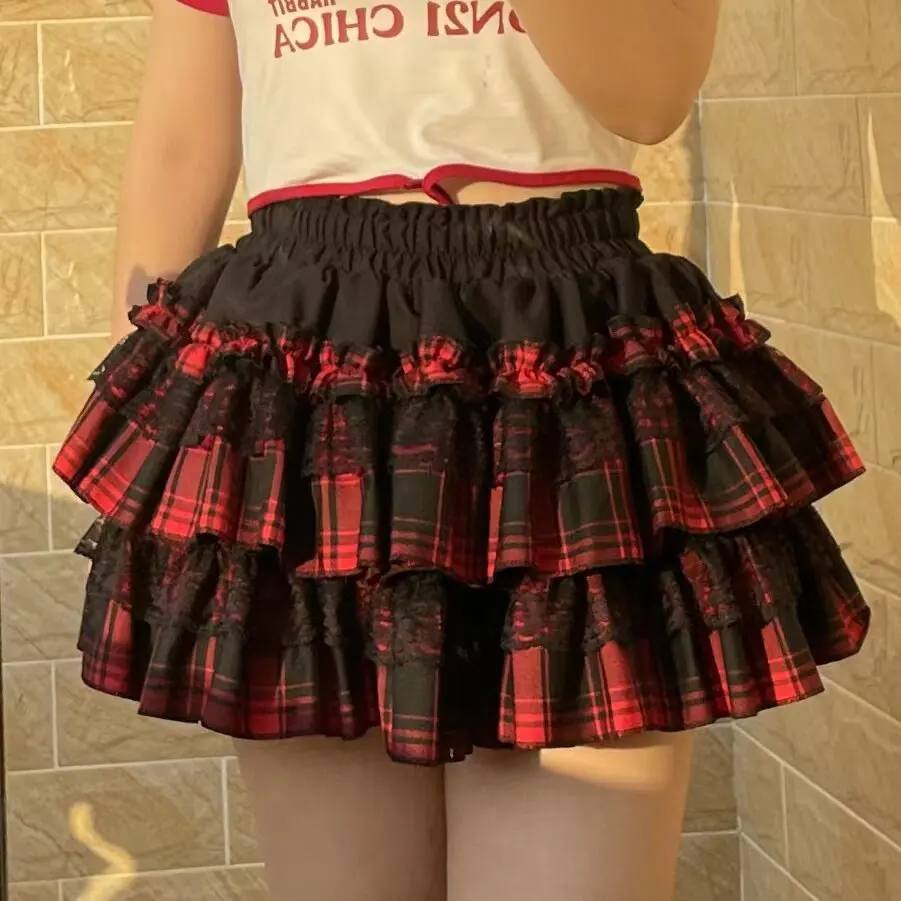 New Spring Summer Colorblock Subculture Plaid Pumpkin Pants Elegant Elastic Waist Lace Splicing Short A-line Y2k Cake Skirts