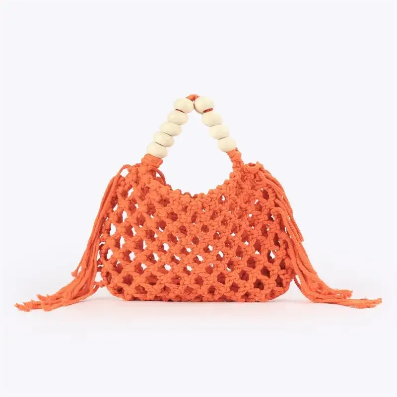 Boho Häkel-Handtasche mit Aushöhlungen und Quasten, Holzperlen-Griff, Gewebte Strandtasche, Sommer-Urlaub Strohtasche, Damen Casual Schultertasche – Detail 18