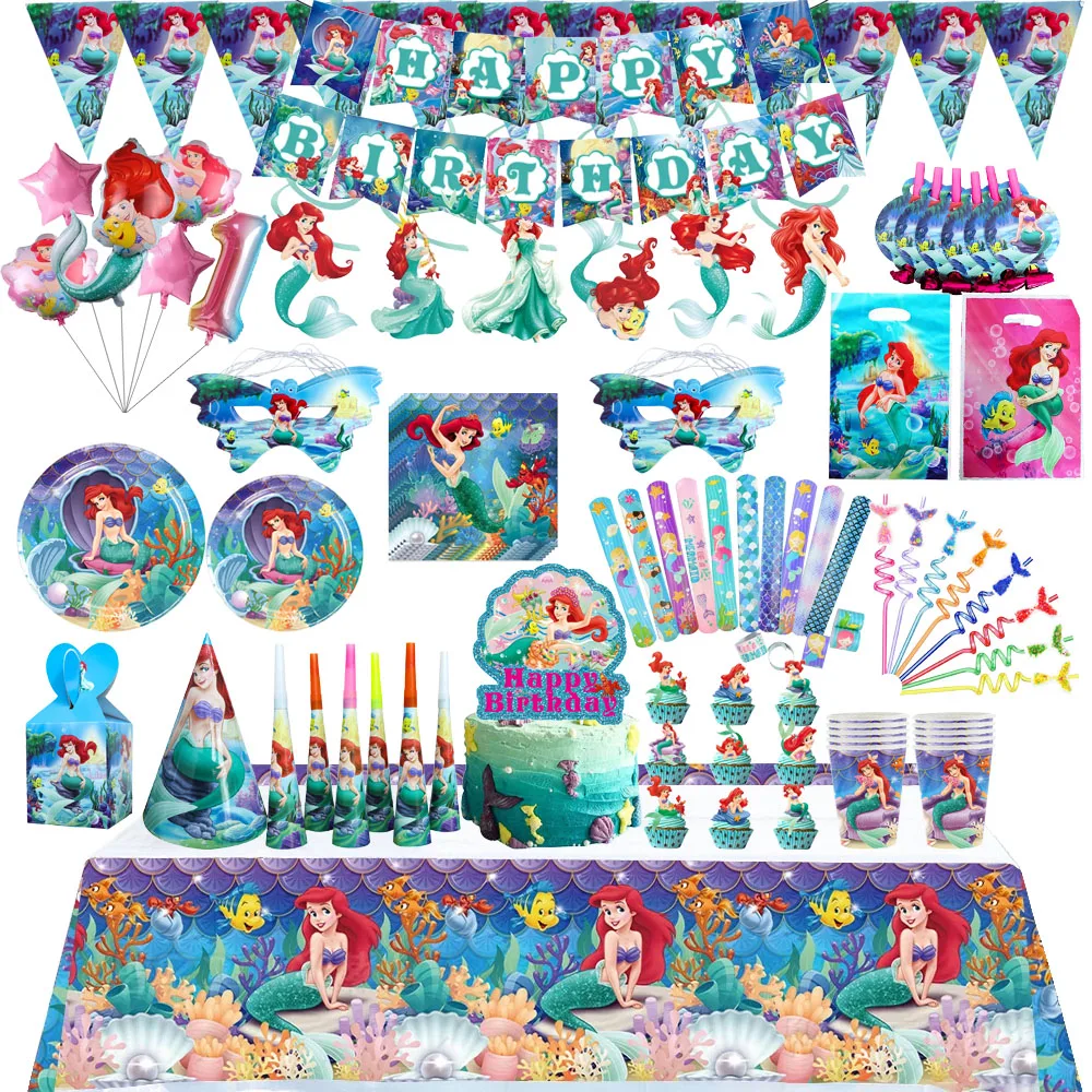 Mermaid Ariel Princess Birthday Party Decoration Tableware Straws Plate Napkin Cup Tablecloth Balloon for Baby Shower Party Supp