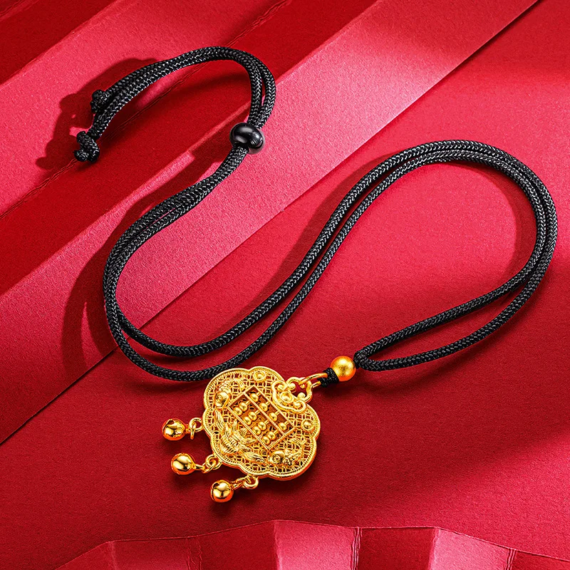 9999 24K Real Gold Antique Longevity Lock Bell Safety Lock Pendant Retro Charm for Wealth Abacus Woven Rope Necklace Baby Child