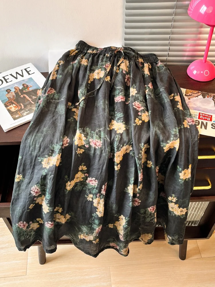Retro Floral Cotton Linen A-Line Skirt High Waist Long Midi Skirt Women's Summer Thin Hanging Sense Large Swing Skirt