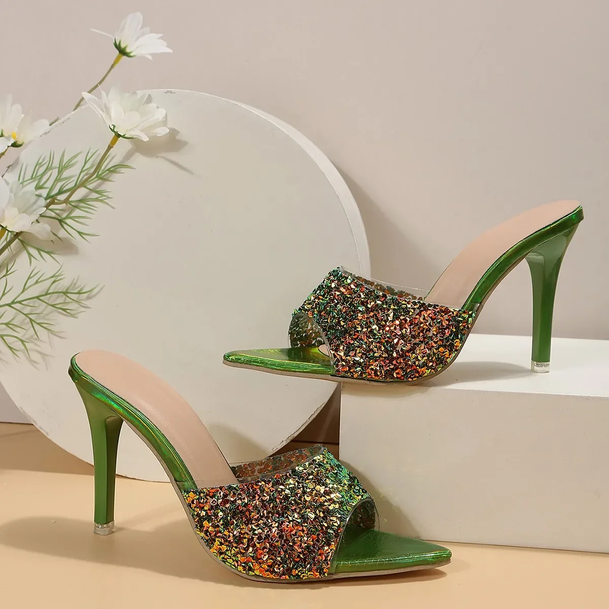 2024 New Gradual Color High Heels Sequin Sandals Summer Fashion Slipper Fish Mouth Slim Heels Large Size Women\'s Shoes