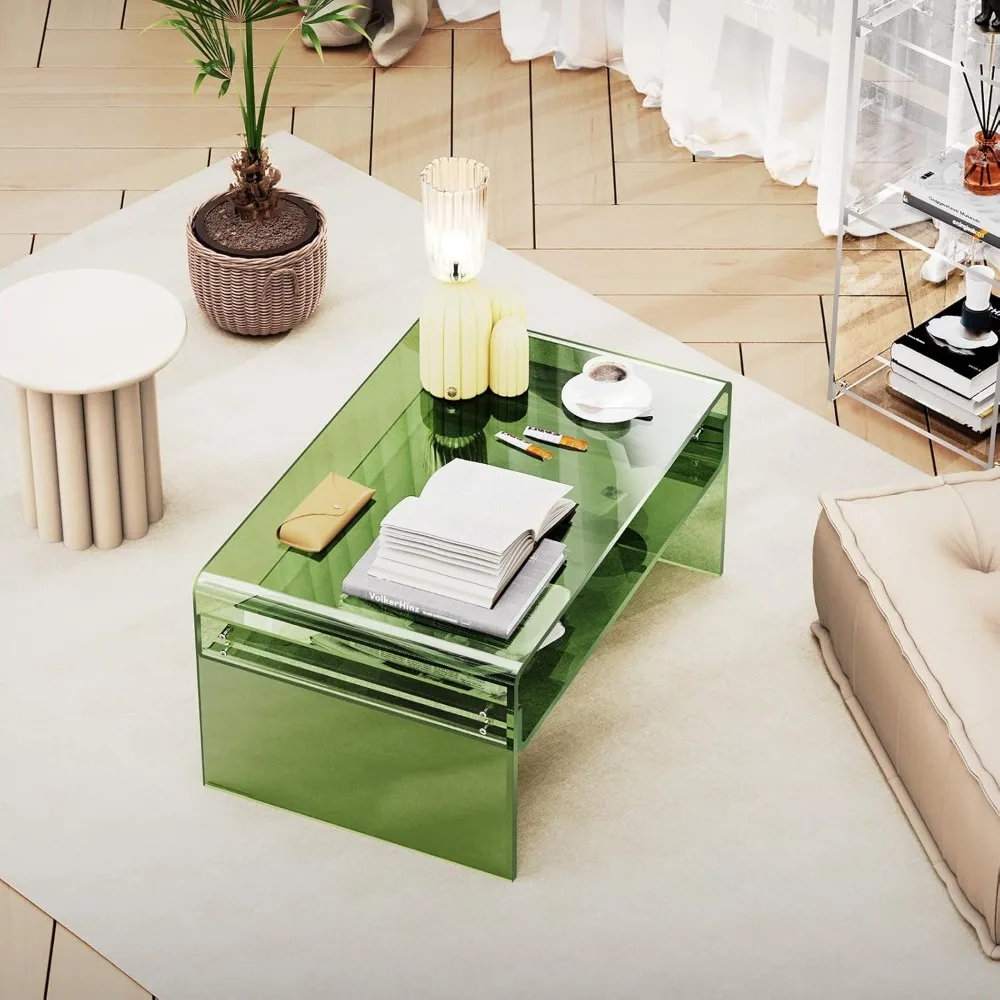 Acrylic Coffee Table for Living Room Clear Rectangle Lucite Table with Open Storage Shelf (1, Green, Large)