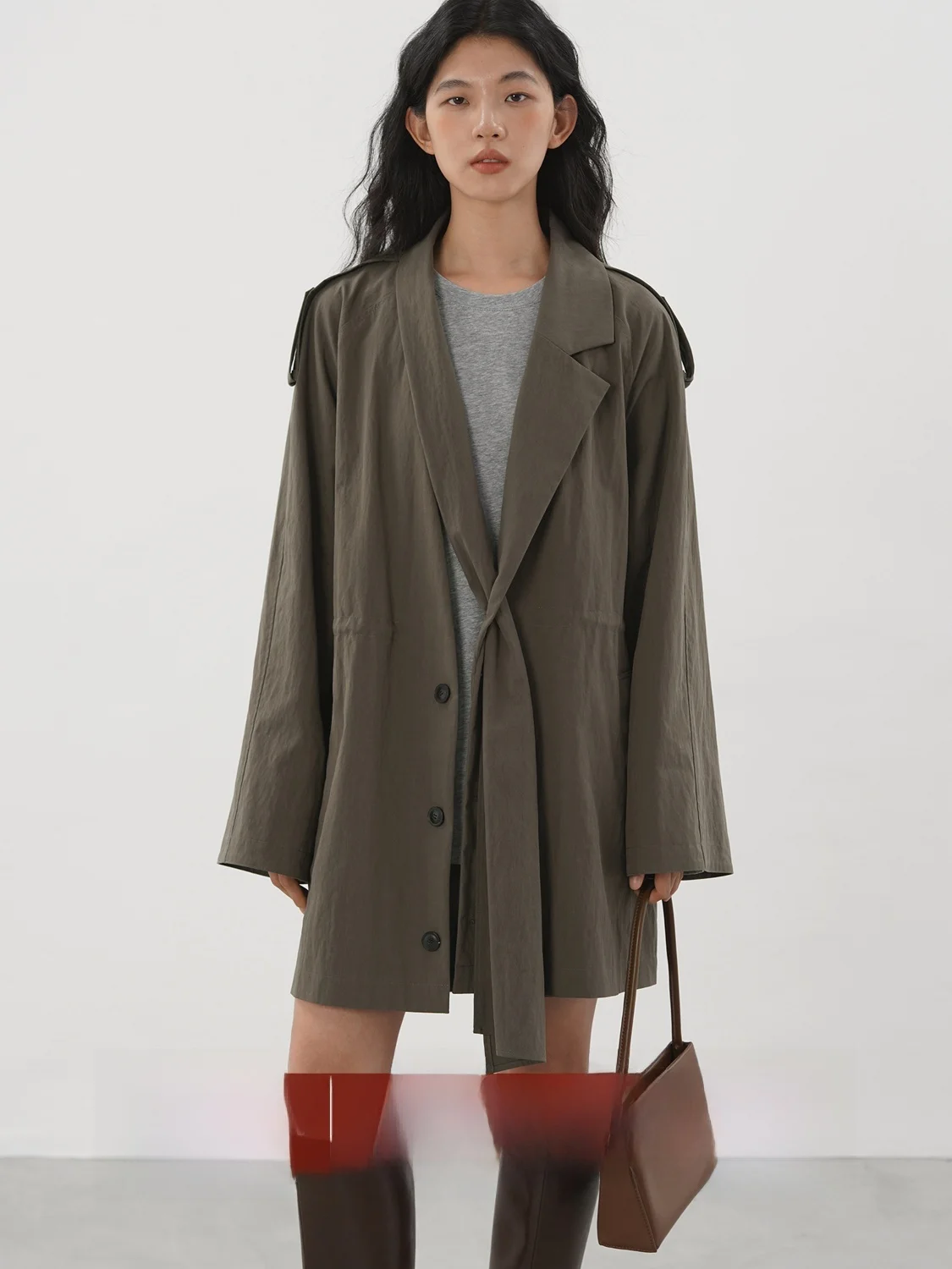 

EIGHTHMONTH Korean Loose Tailored Women's Long Coat Autumn Waist Belted oulder Strap Ele Outerwear Commute Simple Sle