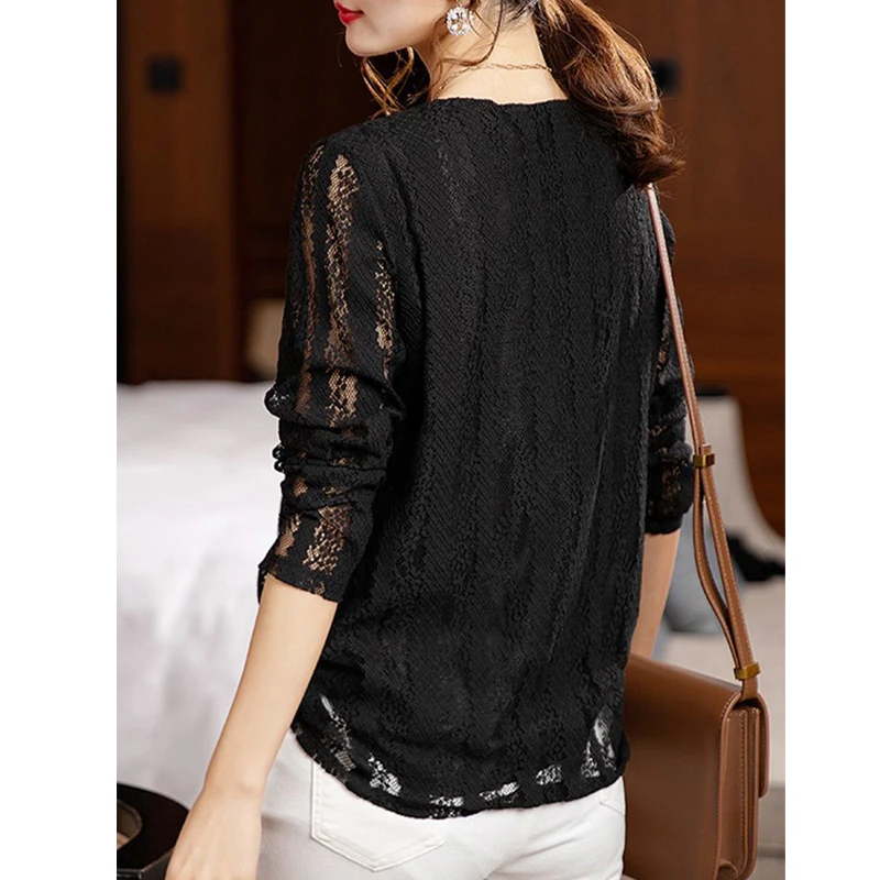 Frauen Frühling koreanische Mode sexy hohle Spitze elegante Blusen lässig V-Ausschnitt Langarm schwarze Tops schicke lose Blusas Para Mujer