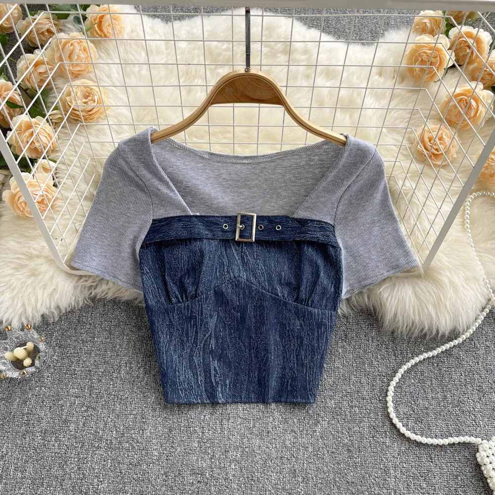 

Women's Shirt 2022 T-shirt Imitation Two Piece Square Collar Bottom Shirt Short Sleeve Short Sleeve Top Splicing Women's T-shirt
