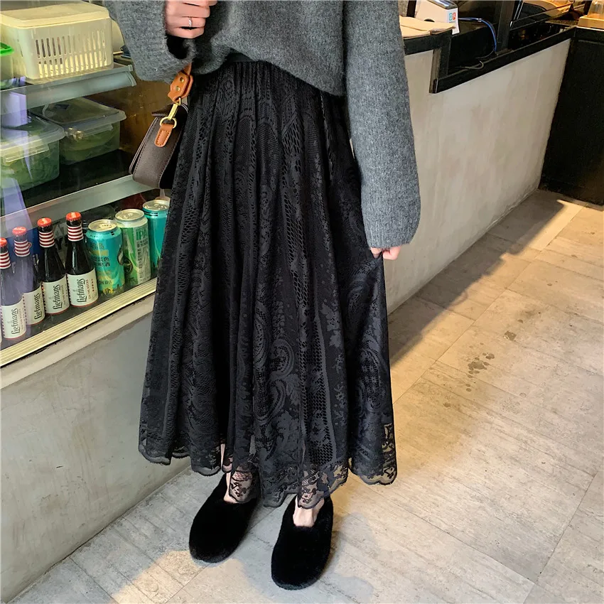 Arazooyi Elastic High Waist Lace Skirts Womens Spring Autumn 2021 New Korean Elegant Casual A-line Black Long Skirt Female