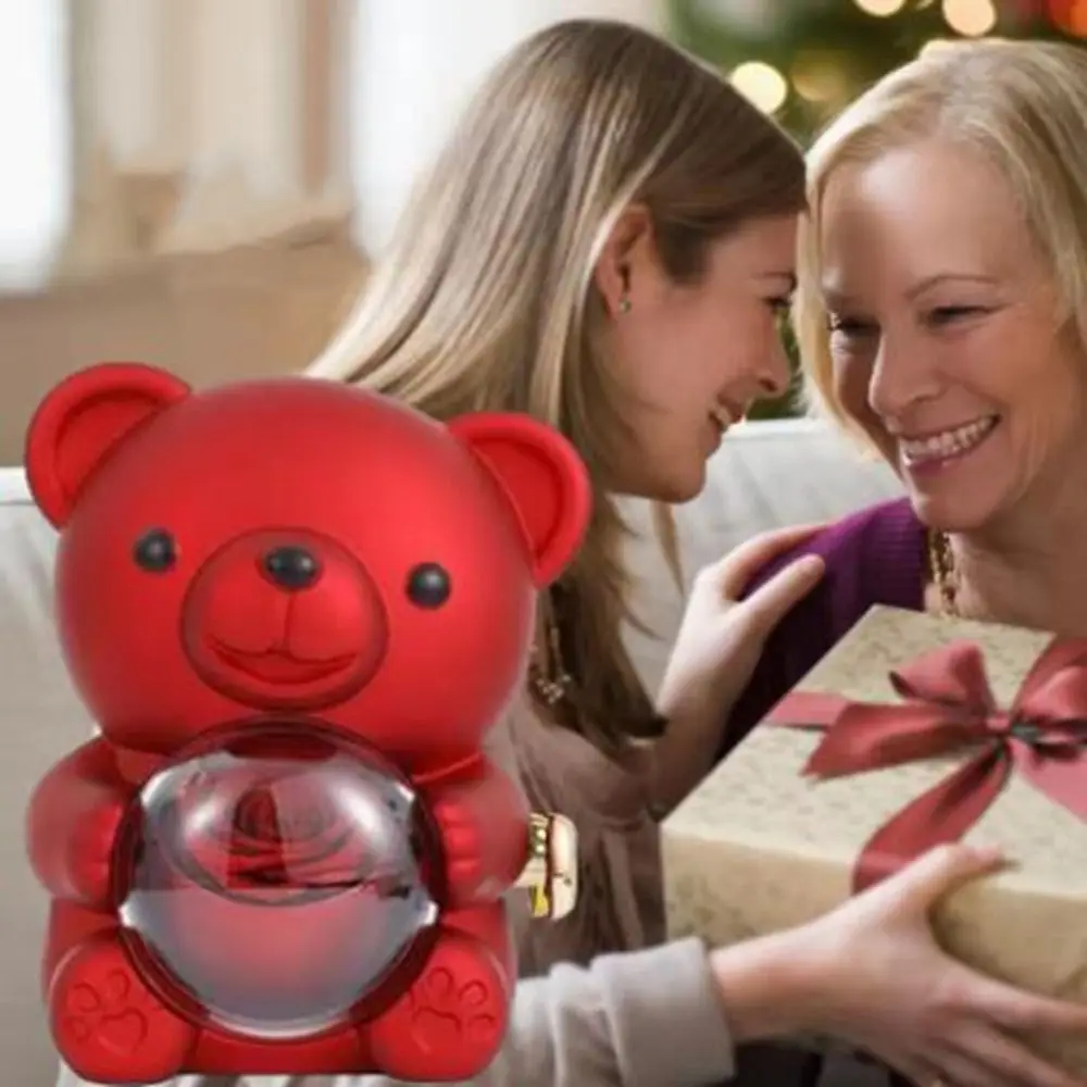 Plastic Rotating Hugging Bear Jewelry Box Romantic Jewelry Display Bear Shape Jewelry Box Cute with Soap Rose
