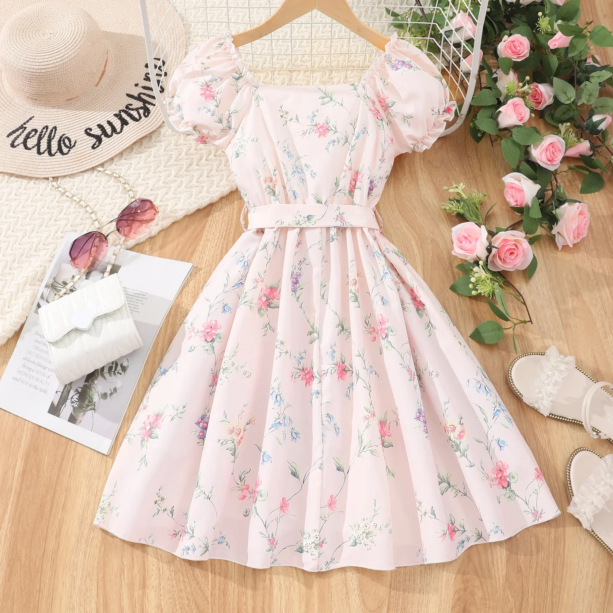 New Children Summer Dress 8 9 10 11 12 Years Old Teen Girl Clothes Flower Pink Short Sleeve Birthday Party Kids Princess Dresses