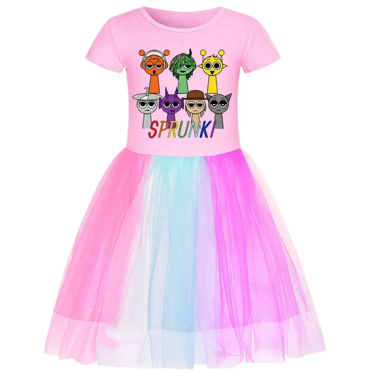 New Sprunki Clothes Kids Short Sleeve Dresses Girls Game Incredibox Rainbow Birthday Party Dress Baby Sequin Vestidos with Bag