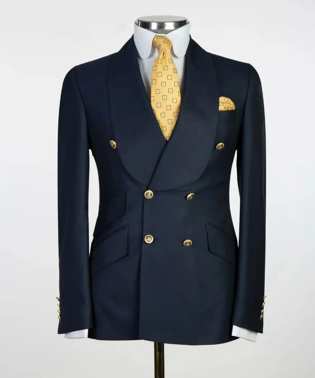 

Formal Men Suit Jacket Slim Fit Navy Blue Long Sleeve Shawl Lapel Double Breasted Blazer Business One Coat Work Office Jacket