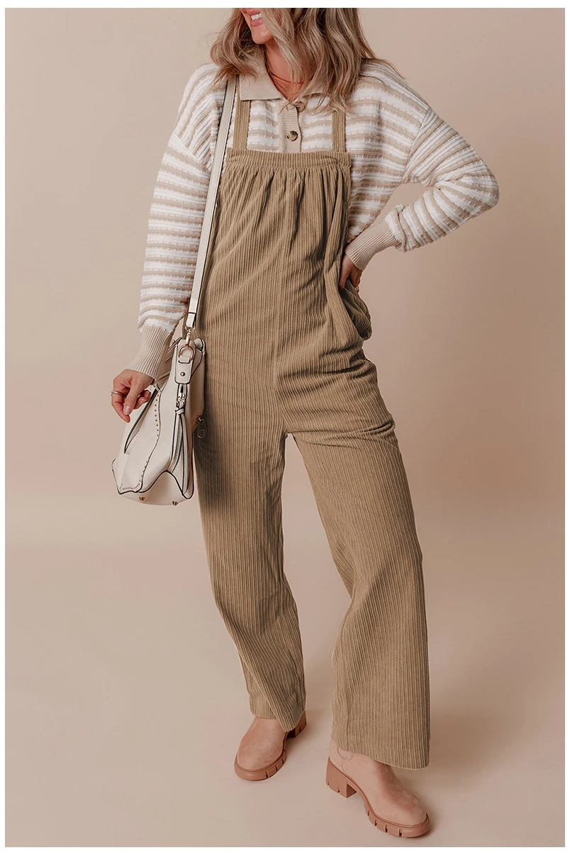 Women's Solid-Color Multi-Pocket Corduroy Overalls / Jumpsuit - Simple and Versatile