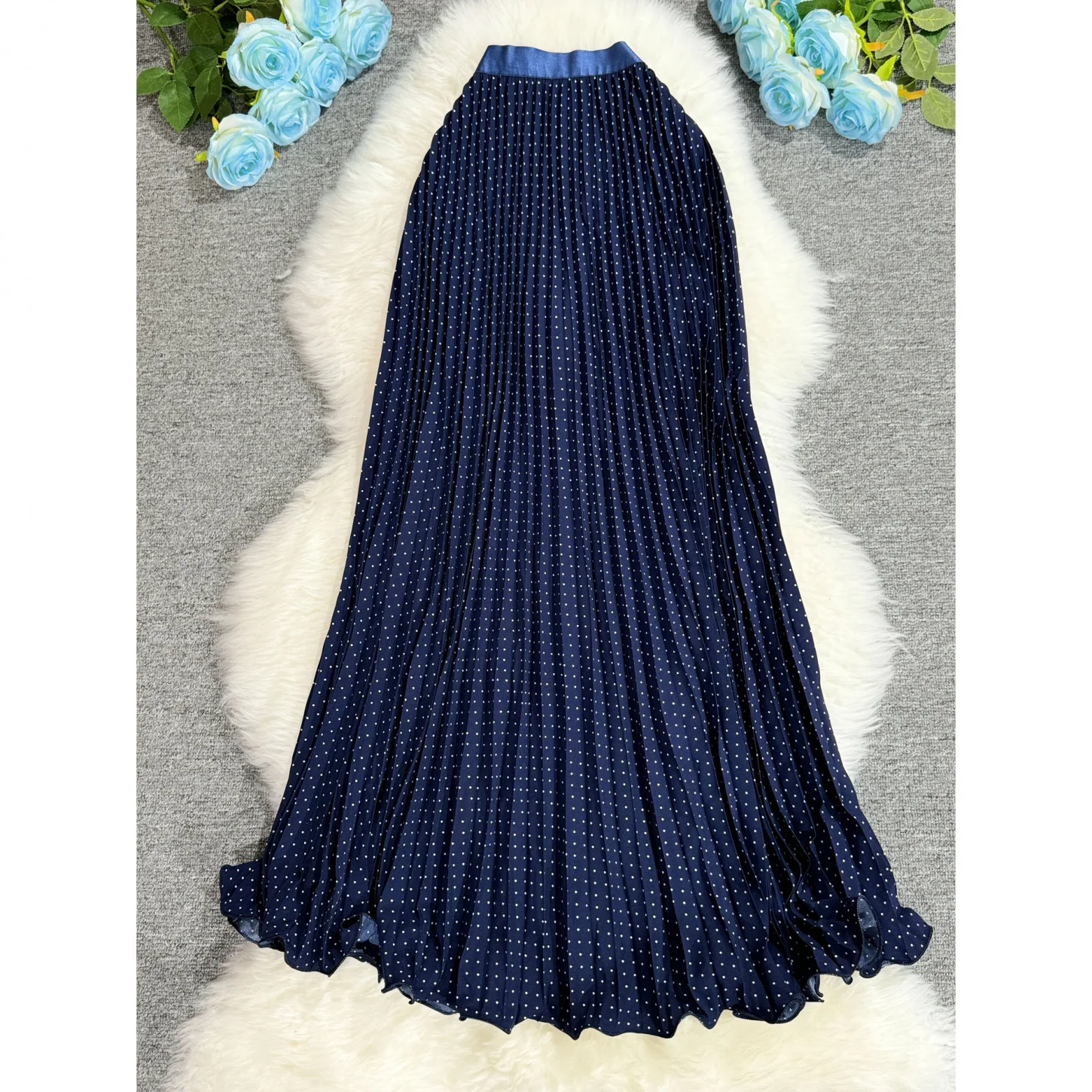 Polka Dot Pleated Long Skirt Women Spring Summer Autumn Fashion High Waisted Dance Party Beach Long Skirt
