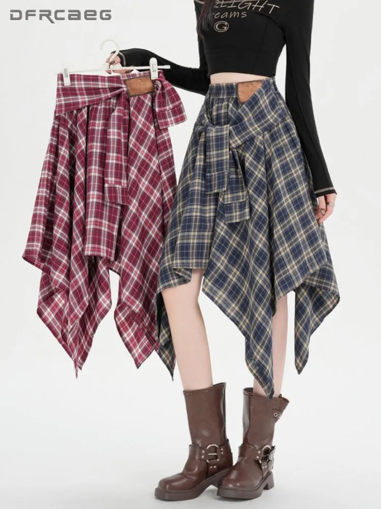 الوافدين الجدد الرجعية منقوشة المرأة غير النظامية تنورة مع ضمادة الخريف موضة فضفاضة عالية الخصر مربوط ميدي التنانير سيدة