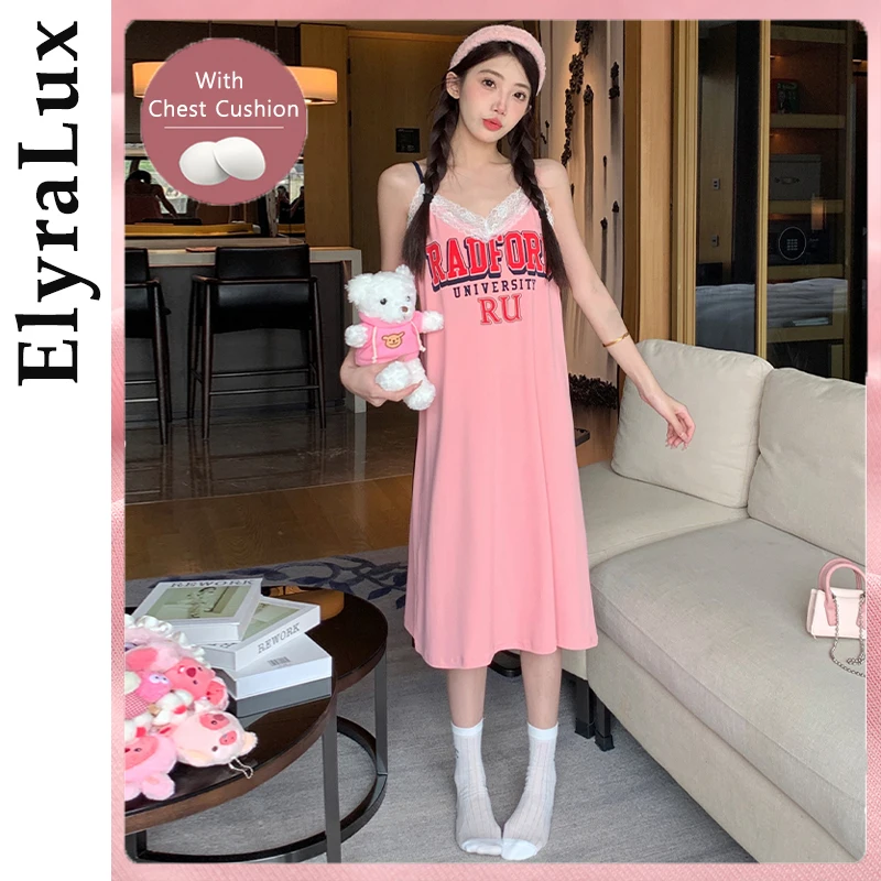 

ElyraLux Cute Style Women's Nightgown Lace Trim Sleep Dress Soft Ice Silk Lounge Wear for Skinny Ladies Pajama Dress