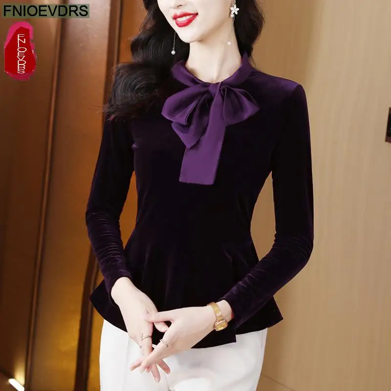 Office Shirts Basic Wear New Design Women Autumn Winter Work Lady Velvet Tops Long Sleeve Short Bow Tie Blouses