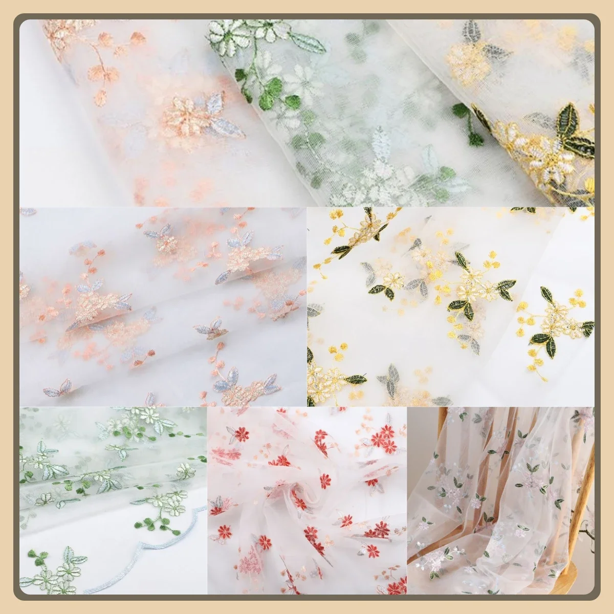 Small Floral Embroidered Lace Mesh Fabric For Vintage Clothing Country Style Tablecloth Background Cover Handmade DIY Sewing