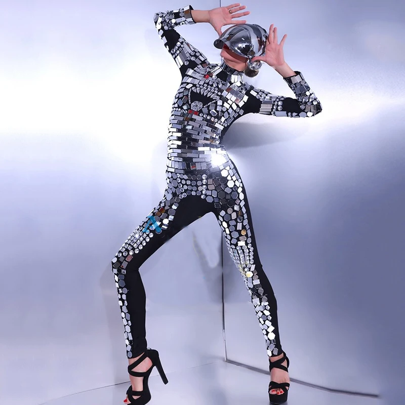 Silver Glasses Mirror Jumpsuit Party Show Outfit Women Pole Dance Wear Stage Festival Clothes Gogo Costume