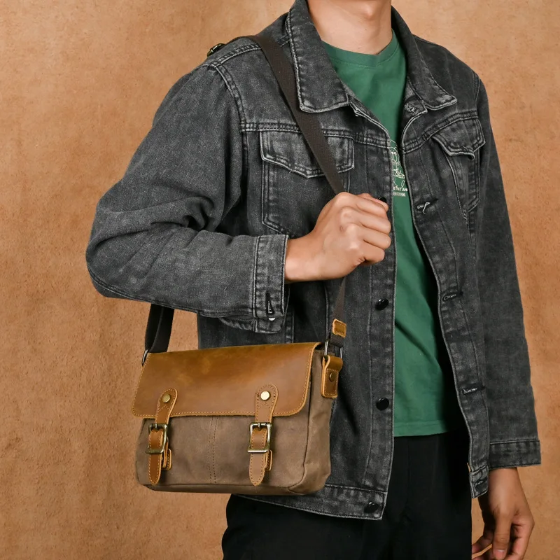 

Retro Style Men's Shoulder Bag Leather And Canvas Casual Crossbody Phone Bag Small Square Bag for Youth Leisure Scenarios