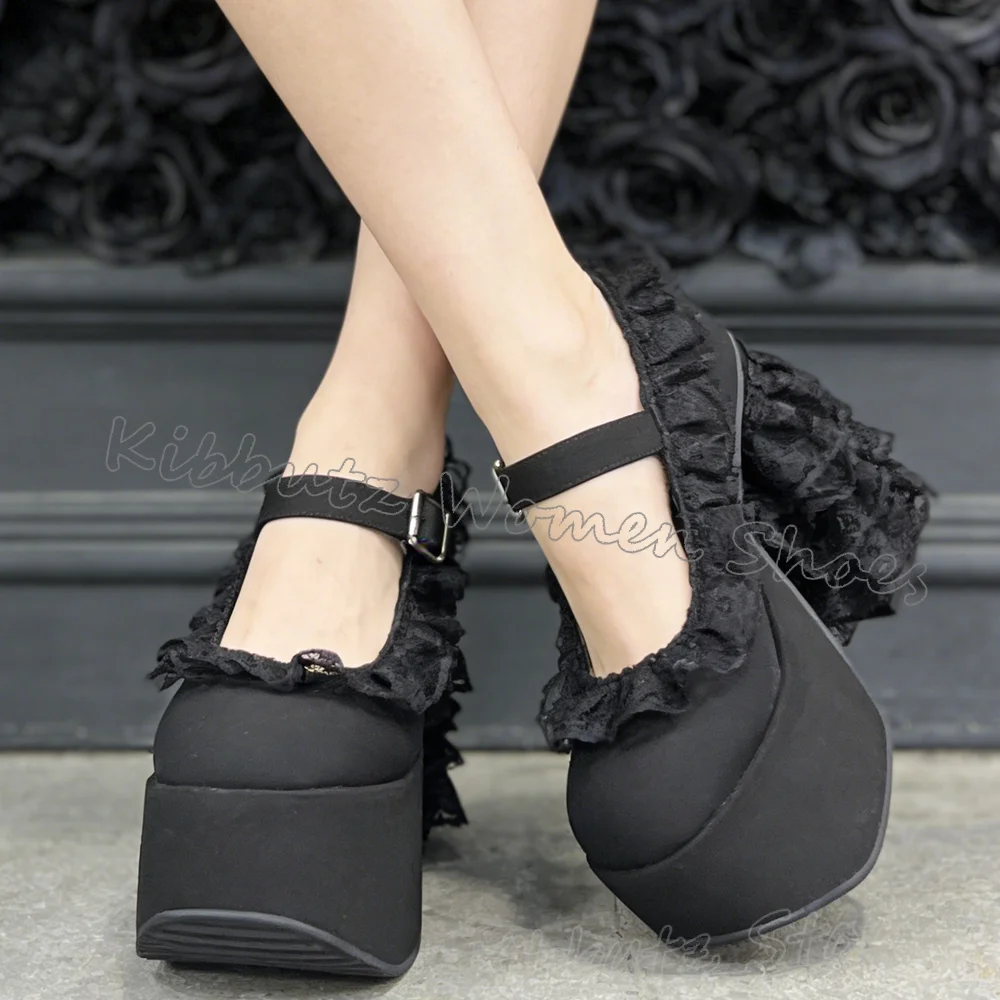 Mary Jane Platform Pumps Belt Buckle Solid Color Leather Women Shoes Round Toe Chunky Heels Novelty Sweet Fashion Elegant Newest