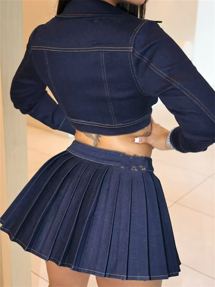 Cutenew Hottie Sexy Denim 2-teiliges Set Damen Einreiher Revers Jacke + Falten Minirock Passende Stretch Skinny Outfits