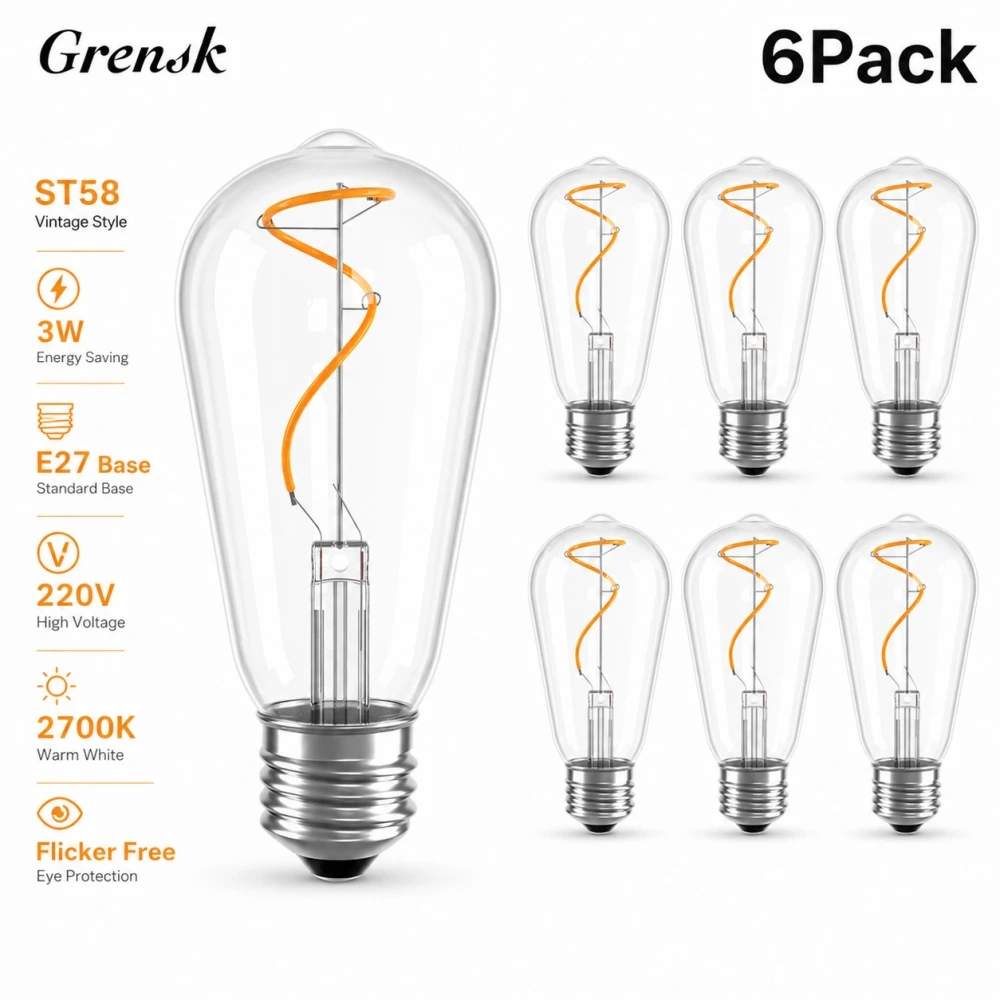Grensk ST58 LED Edison Bulbs 6 Pack 3W E27 Vintage Filament Light Bulb 220V 2700K Warm White Flicker Free Decorative Home Light