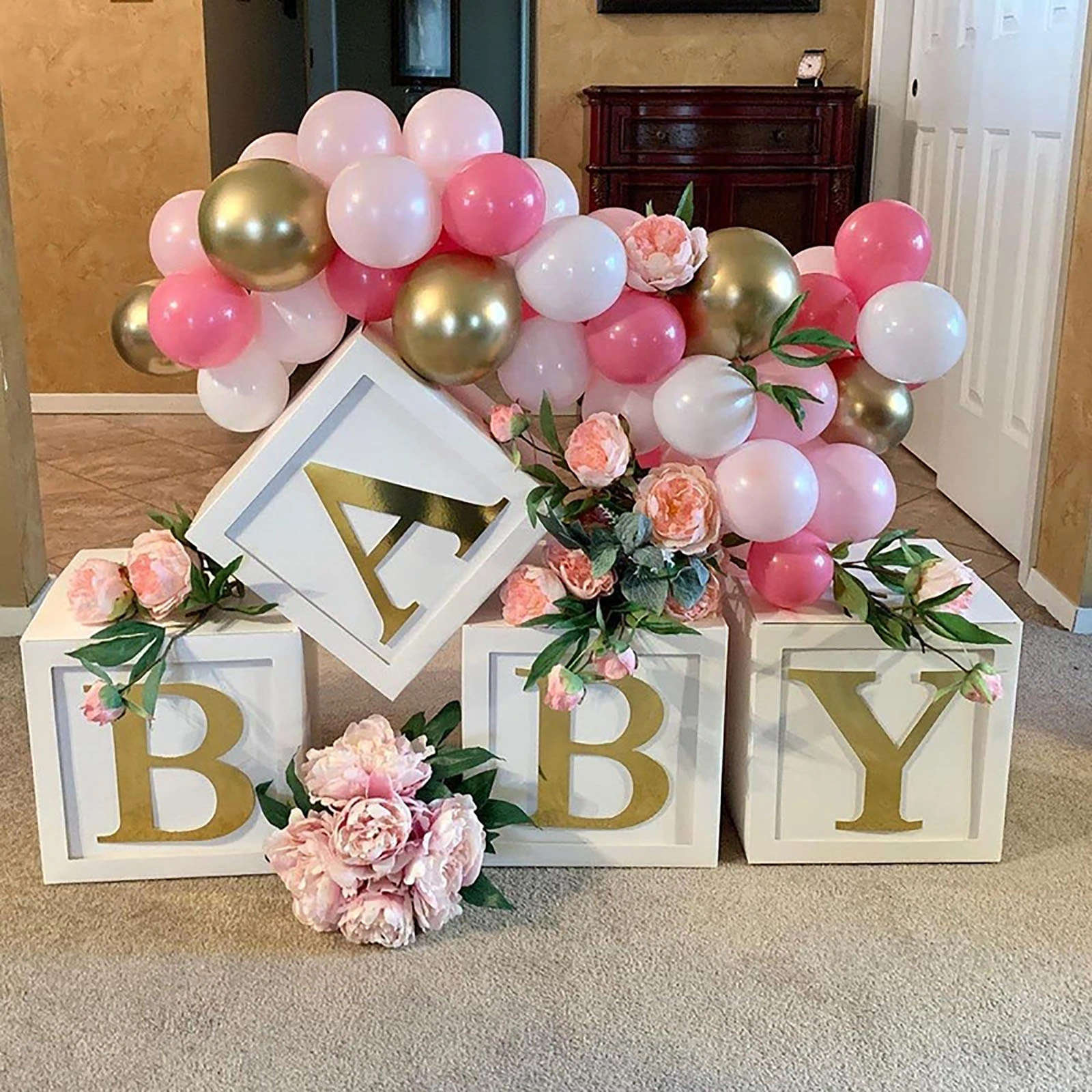 SCATOLE Box Trasparenti CUBI Porta Palloncini con Lettere ADESIVE per Nascita Baby Shower (Girl