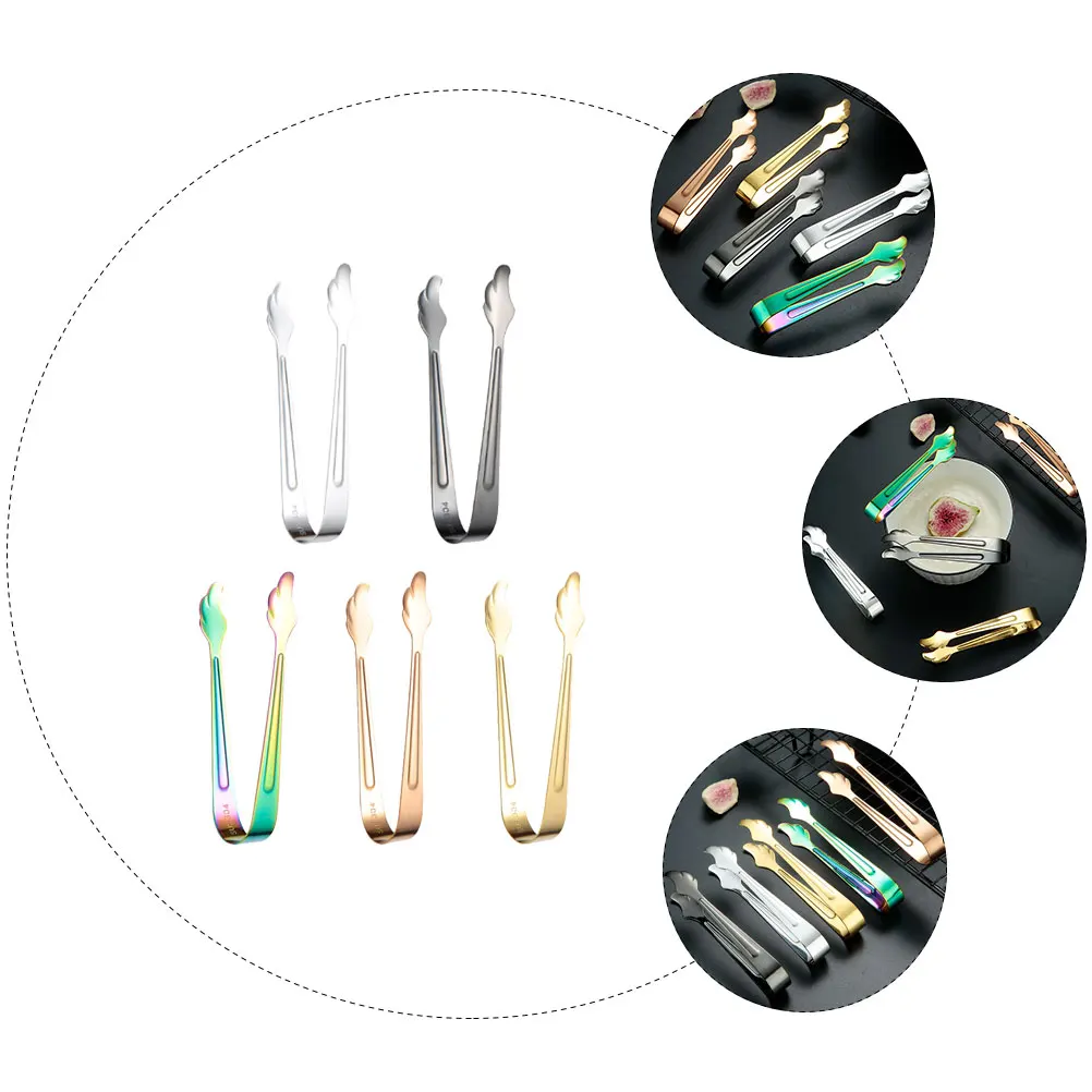 

5pcs Stainless Steel Tongs Ice Cube Serving Tongs For Cocktails Dessert Food Bbq Camping Party Tools