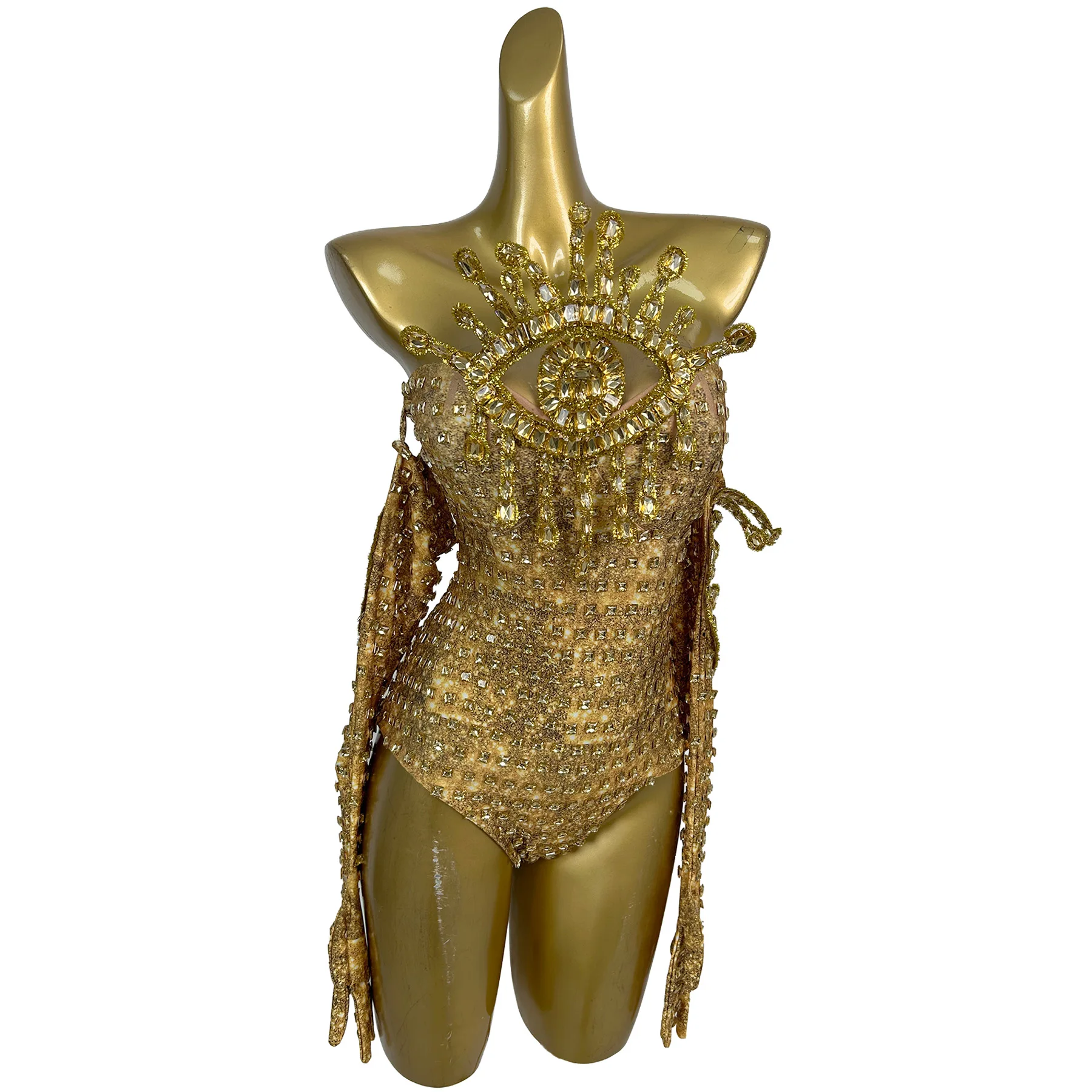 Jinqing Womens Golden Mesh Rhinestone Bodysuit 3D Evil Eye Embellished Arm Sleeves Bar Party Festival Photoshoot Jumpsuit