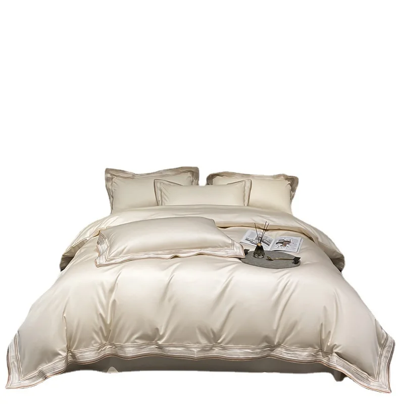 Light luxury 210 long-staple cotton pure cotton four-piece set simple embroidery solid color quilt cover bed sheet cotton