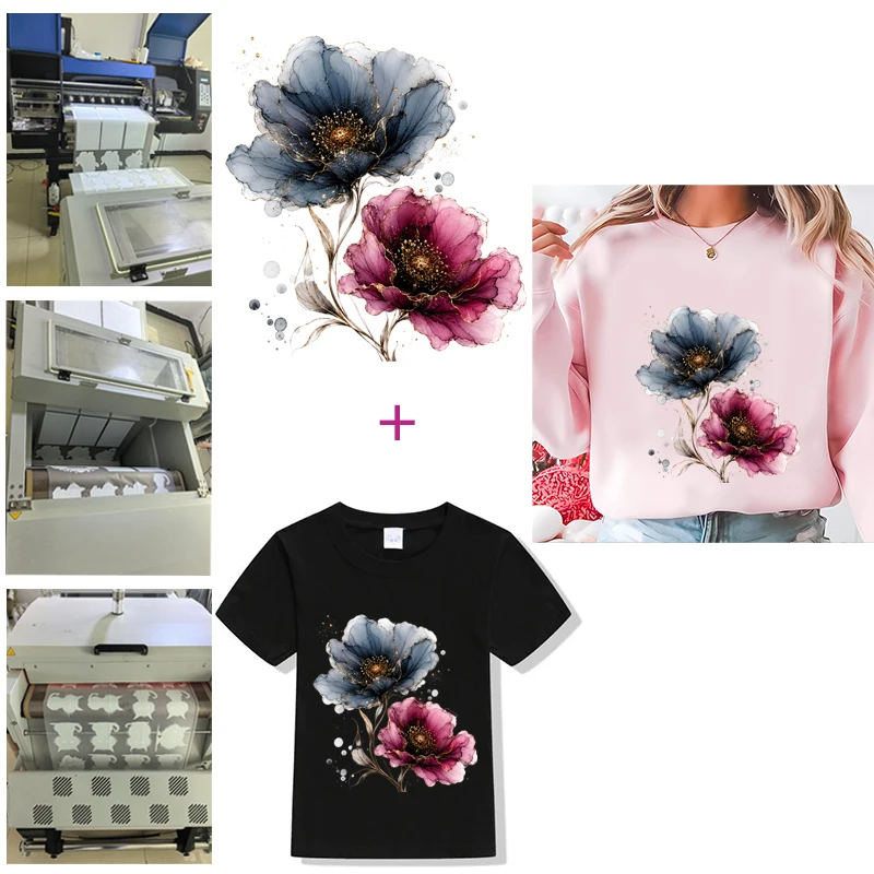 Abstract Flowers Iron-on Transfer For Clothing DIY Washable T-shirts Thermal Sticker chinese Ink wash painting Patches Applique