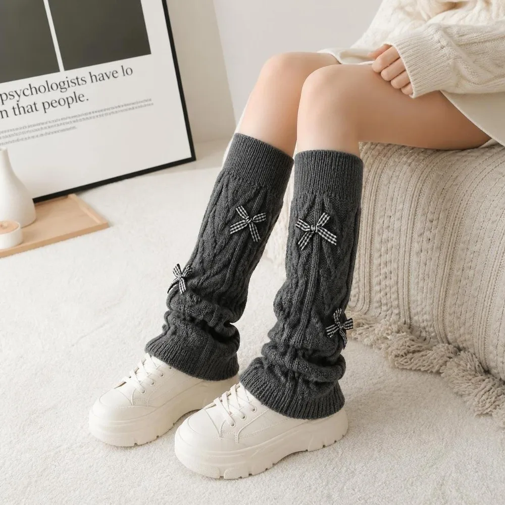 Knitted Style Bow Tie Leg Warmers Pile Stockings Vertical Stripe Stacked Socks Lolita Wear Japanese Style Knee High Socks
